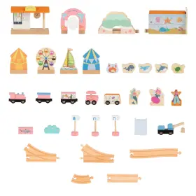 80-hjd931121 Hey Play Wooden Train Set With Table 63pc Storage Yellow